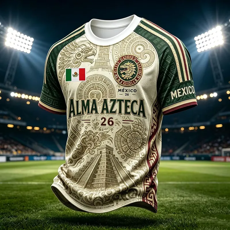 Mens Fashion Mexico - 3Dデジタルプリント、メキシコ、アステカ、マヤ、トーテム柄、サッカーユニフォーム、2026年モデル、速乾性、ファッション、国旗デザイン、半袖、ファン向け、スポーツTシャツ。