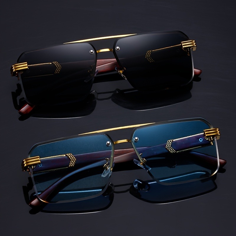 Men'S Fashion Rimless Glasses - トレンドダブルビーム長方形サングラス男性女性リムレスカットエッジスクエアサングラスファッションフレームレス木目調シェード UV400
