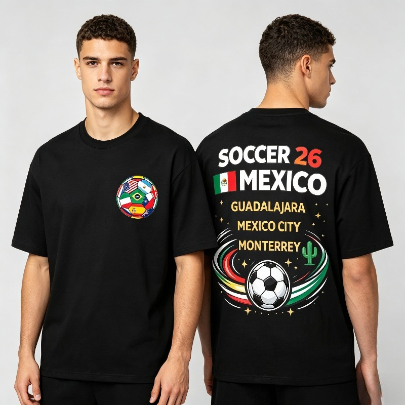 Mens Fashion Mexico - 「SOCCER 26 MEXICO」プリントTシャツ。メンズ用。サッカーファン向けのグラフィックデザイン。柔らかいモダール素材のクルーネックTシャツ。普段使いや試合当日のストリートファッションに最適。