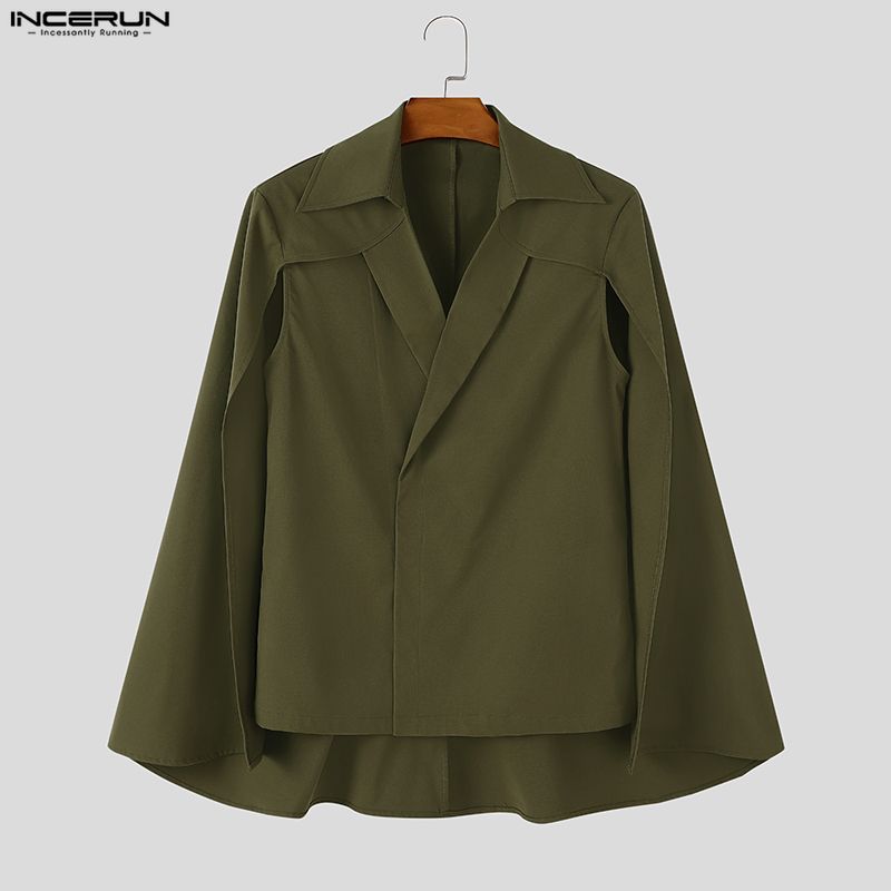 Mens Fashion Poncho - INCERUN メンズジャケット、無地のラペル付き、長袖、カジュアルなポンチョ、男性用、ケープ、ストリートファッション、個性的なデザイン、不規則なシルエットのコート。