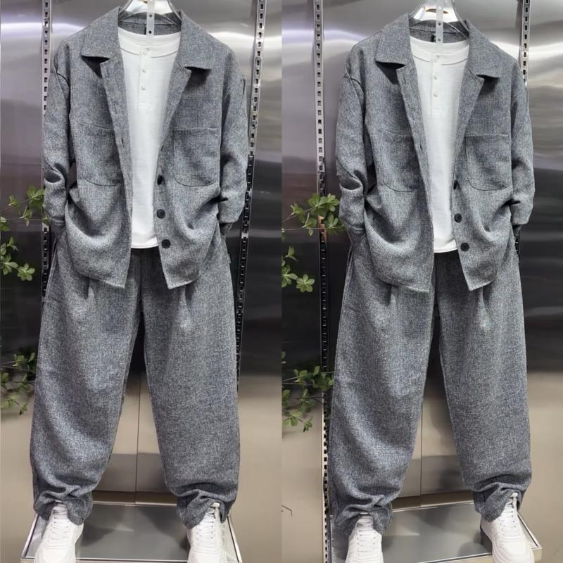 Men'S Fashion Loose Pants - メンズラペルシャツスーツ ルーズストレートワイドレッグパンツ 2ピース ファッションカジュアルデイリーアウトフィット