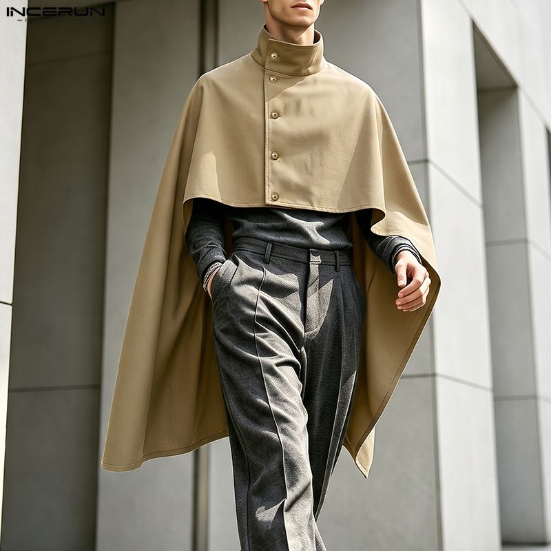 Mens Fashion Poncho - INCERUN メンズ トレンチコート、無地、スタンドカラー、ゆったりとしたシルエット、カジュアル、アシンメトリーなデザイン、ポンチョ風、ストリートファッション、秋のファッションコート。