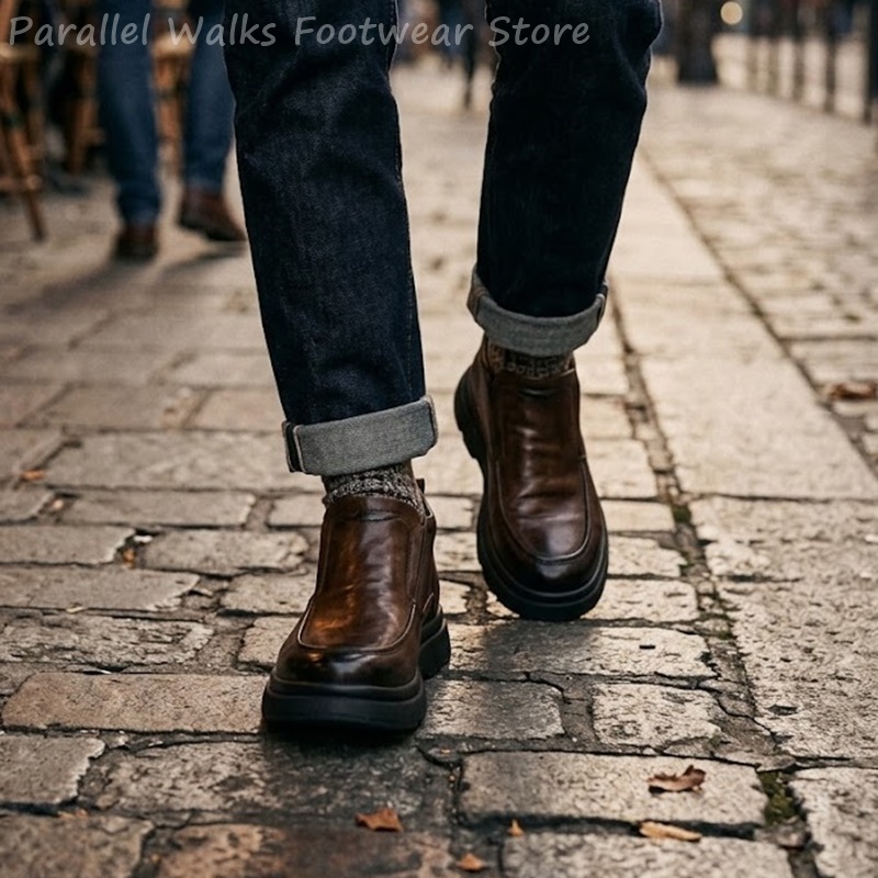 Men'S Fashion Loafers - 厚底のチェルシーブーツ、メンズ、ヴィンテージ風、モカシンタイプ、アンクルブーツ、秋冬用、ミニマリスト、通勤用、ローファー、メンズ向け、カジュアルなファッションシューズ。