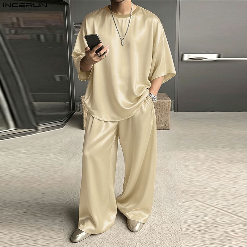 Men'S Fashion Loose Pants - INCERUN メンズセットアップ 無地 ルーズ シャイニー 半袖Tシャツ
