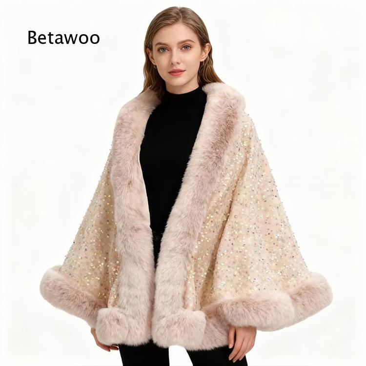 Mens Fashion Poncho - 女性用ショートポンチョケープ、ファーの襟とスパンコール装飾、フリース裏地、厚手で暖かいショールアウターウェア、寒い季節向けの長袖デザイン