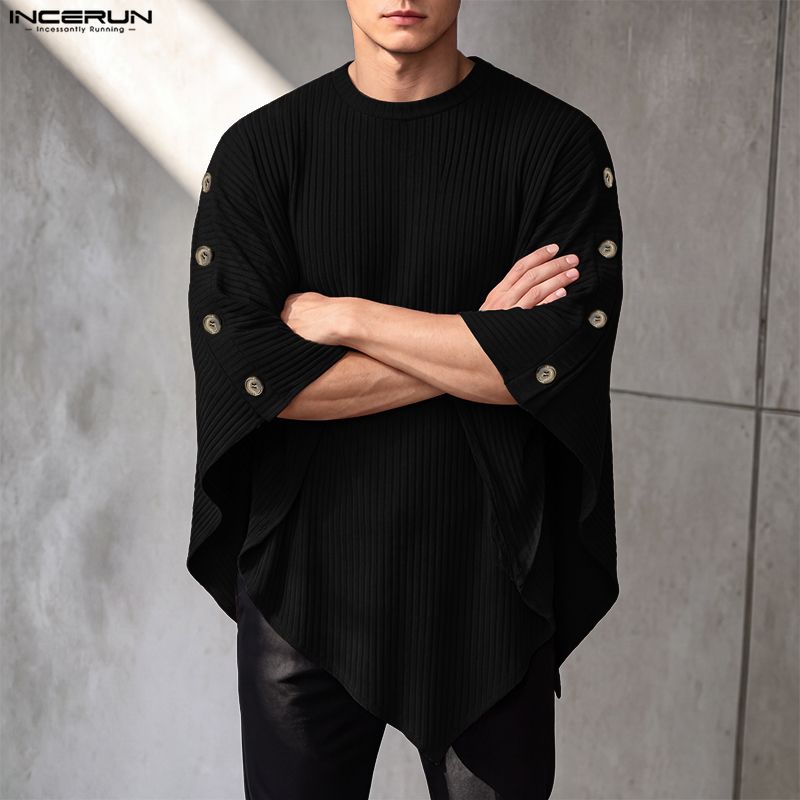 Mens Fashion Poncho - INCERUN メンズ 不規則なデザインのプルオーバー、Oネック、カジュアルなケープ風、ストリートウェア、ゆったりとしたシルエット、オーバーサイズ、ニット素材のポンチョセーター。