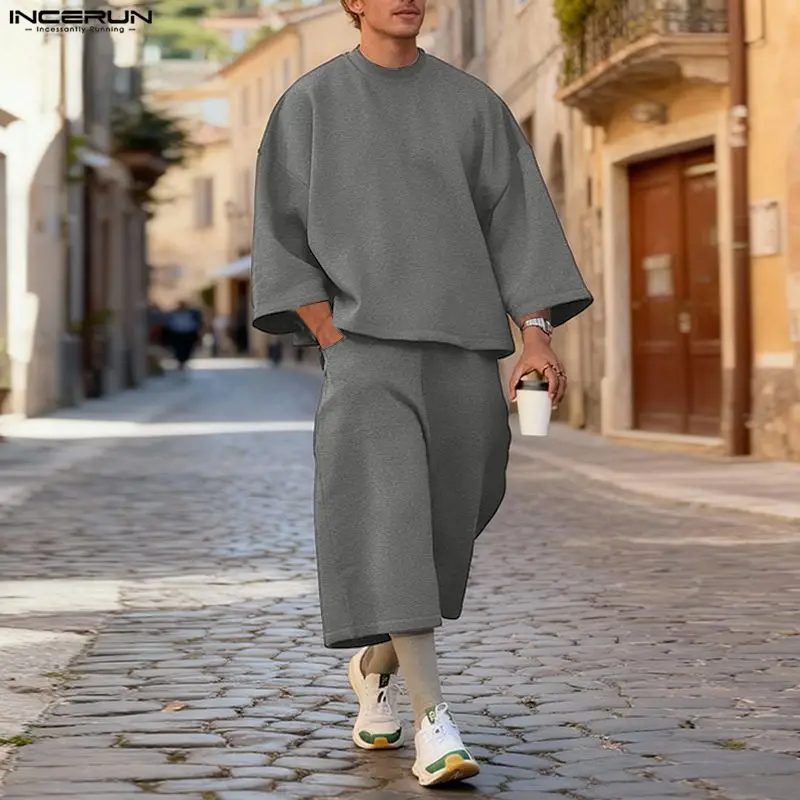 Men'S Fashion Loose Pants - INCERUN メンズセット ソリッドカラー バギー 3/4 スリーブ