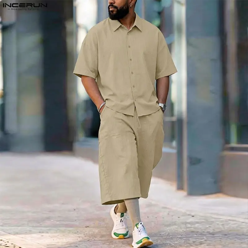 Men'S Fashion Loose Pants - INCERUN メンズセットソリッドラペル半袖シャツパンツツーピースセットストリートルーズ 2026 夏のファッション男性マッチングセット