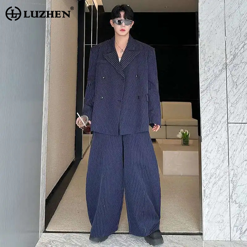 Men'S Fashion Loose Pants - LUZHEN エレガントなストライプ柄のブレザーコート、ゆったりとしたストレートシルエットのファッショナブルなワイドレッグカジュアルパンツ、メンズ、2026年春の2点セット、JY8986