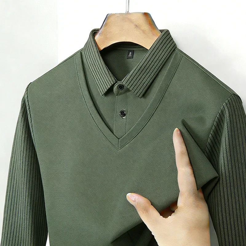 Men'S Fashion Essentials - メンズフェイクツーピースシャツ襟 V ネック長袖トップカーキストライプカジュアルファッション柔らかい生地日常着ブラウス