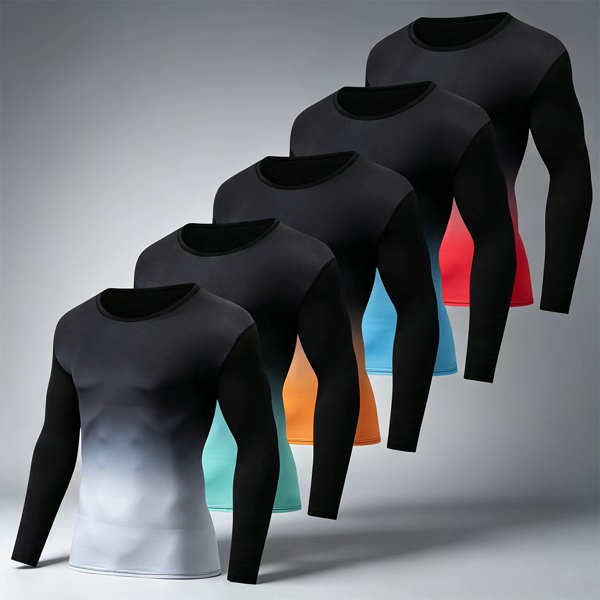 Fashion Mens Shirt - 秋冬メンズ・ティーン向けファッショナブルなグラデーション長袖Tシャツカジュアルスポーツランニングベースアンダーウェアセット