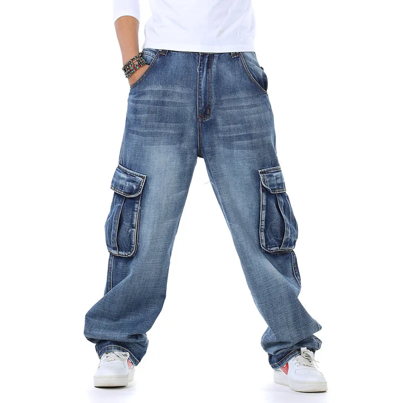 Men'S Fashion For Fat Guys - メンズだぶだぶのジーンズ春と秋の新ファットガイ大きいサイズのファッションマルチポケットワイドルーズジーンズメンズデニムパンツ
