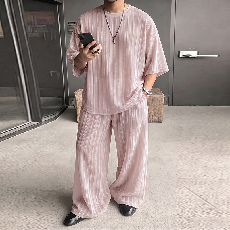 Men'S Fashion Essentials - INCERUN メンズセット ストライプ柄 シースルー 半袖Tシャツ パンツ