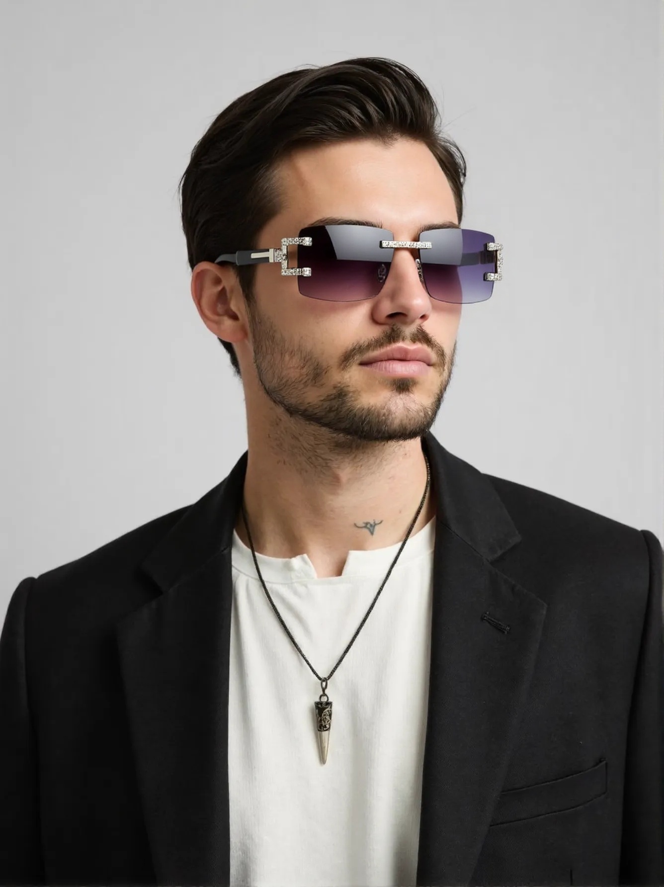 Men'S Fashion Rimless Glasses - ウッドレッグレトロファッションサングラストレンドダイヤモンドリムレスメガネストリートシューティング。
