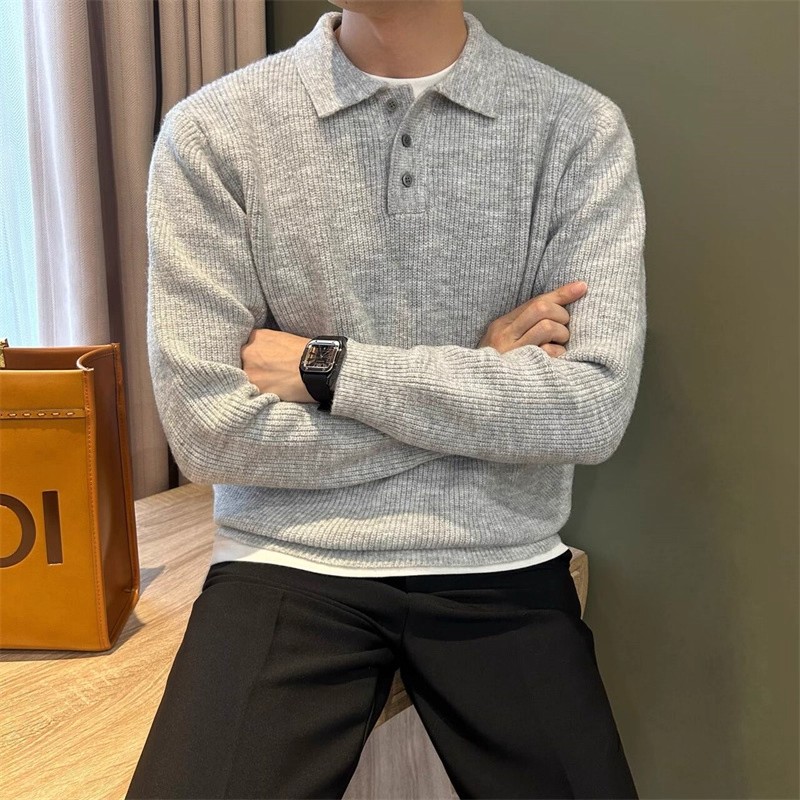 Mens Fashion Mullet - ニットプルオーバー、メンズ、カジュアルセーター、秋・冬、韓国ファッション、ミニマリストセーター、オールドマネー風、柔らかい、厚手のニット、ポロセーター。