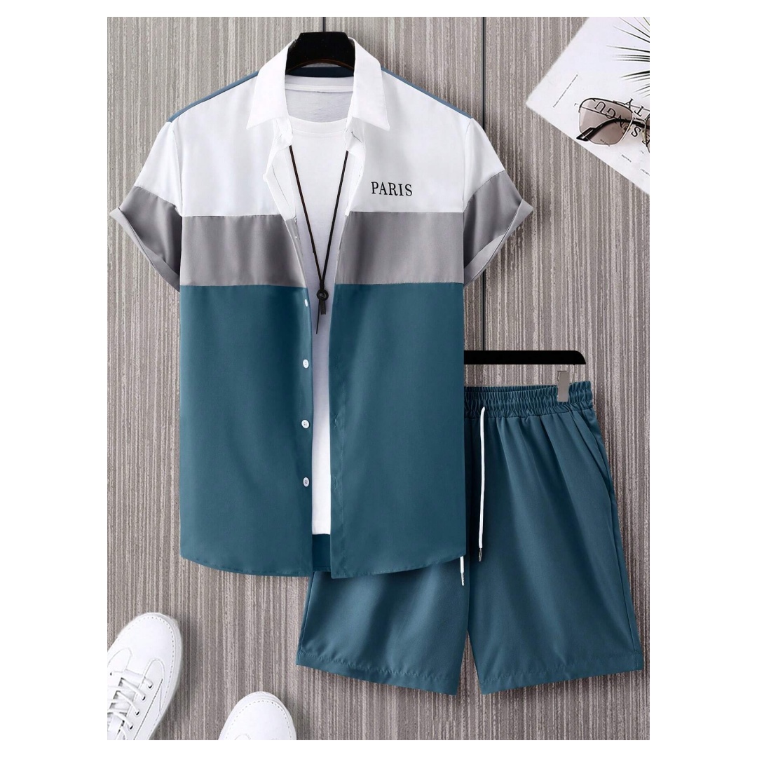 Men'S Fashion Essentials - メンズファッションスーツ 青と白のパッチワークカラー シングルブレスト半袖ラペルシャツとショートパンツ Y2K メンズツーピーススーツ