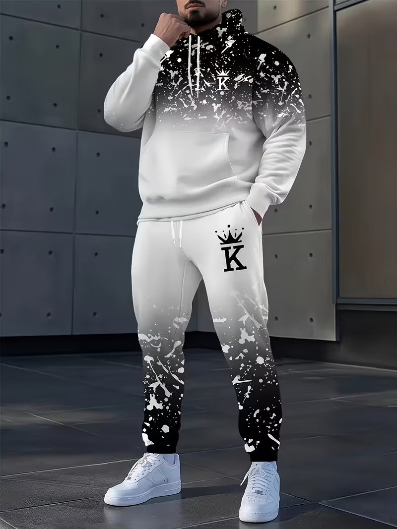 Men'S Fashion Loose Pants - ファッションクラウンプリントのパーカーとパンツの2ピースセットアップ 秋冬カジュアルメンズスウェットシャツセット アウトドアルーズスポーツスーツ