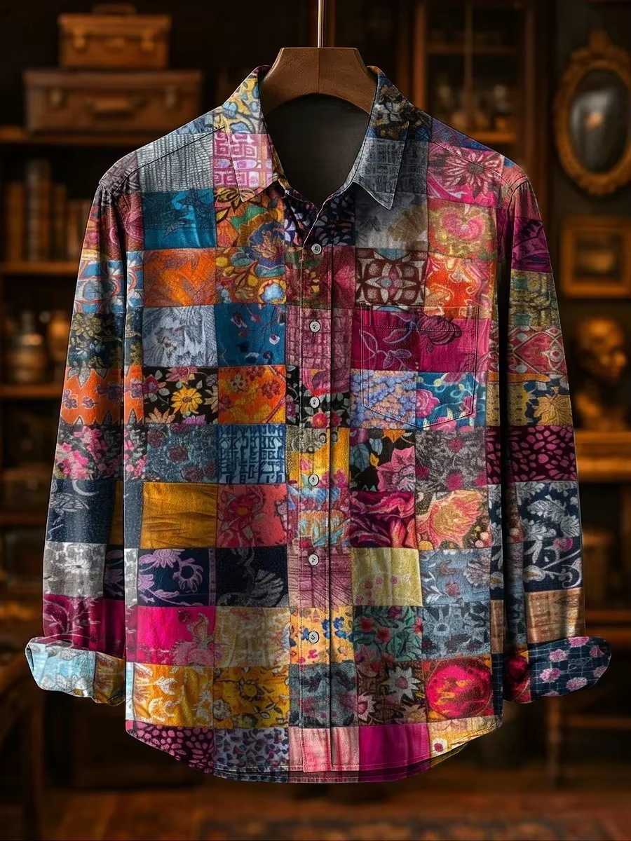 Fashion Mens Shirt - メンズファッション カジュアルファッション パッチワークデザイン リネンシャツ 花柄3Dプリント 新スタイル