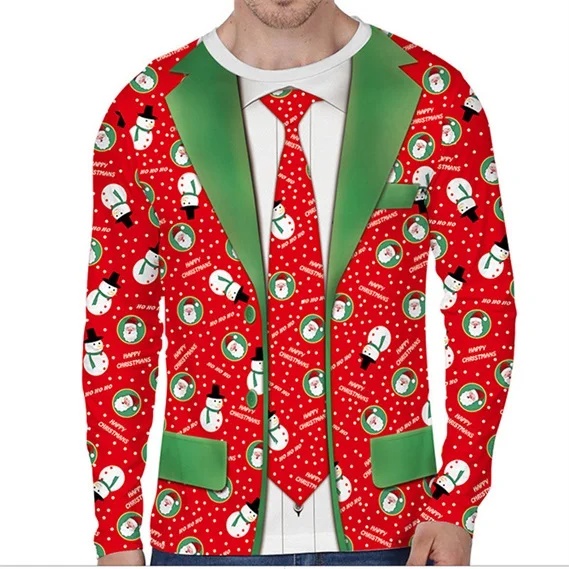 Mens Fashion Suits - 2026年秋/冬、クリスマスをテーマにした3Dプリントの筋肉模様Tシャツ。面白いデザインのメンズ長袖ファッショントップス。クリスマスパーティーに最適。