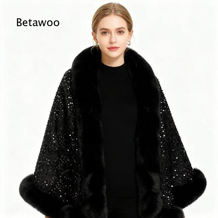 女性用ショートポンチョケープ、ファーの襟とスパンコール装飾、 - Mens Fashion Poncho のレビューと価格