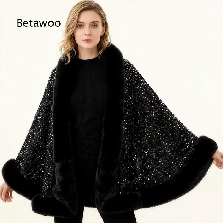 女性用ショートポンチョケープ、ファーの襟とスパンコール装飾、 - Mens Fashion Poncho のレビューと価格