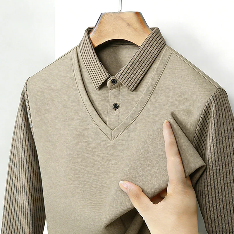 メンズフェイクツーピースシャツ襟 V ネック長袖トップカーキ - Men'S Fashion Essentials のレビューと価格