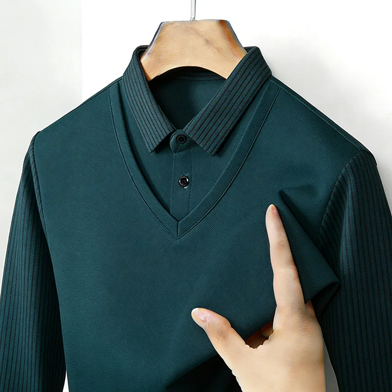 メンズフェイクツーピースシャツ襟 V ネック長袖トップカーキ - Men'S Fashion Essentials のレビューと価格
