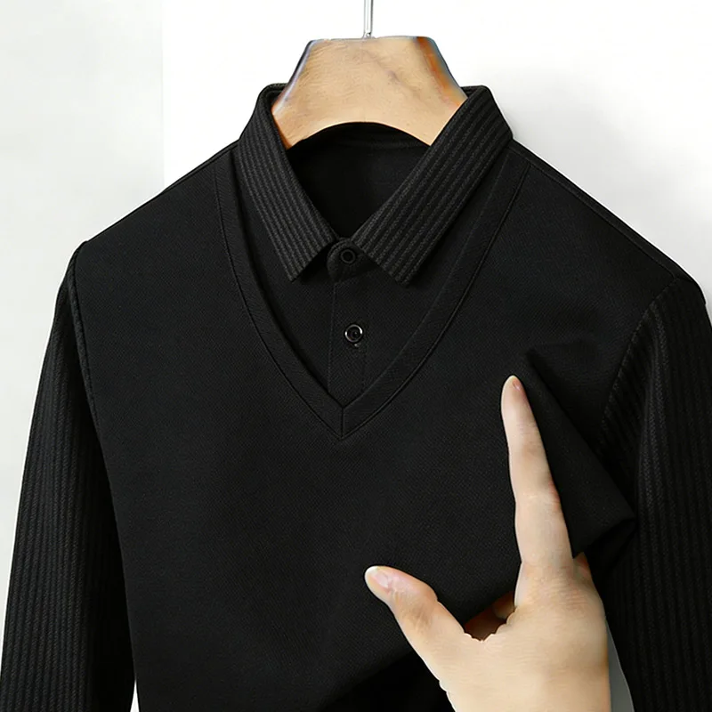 メンズフェイクツーピースシャツ襟 V ネック長袖トップカーキ - Men'S Fashion Essentials のレビューと価格
