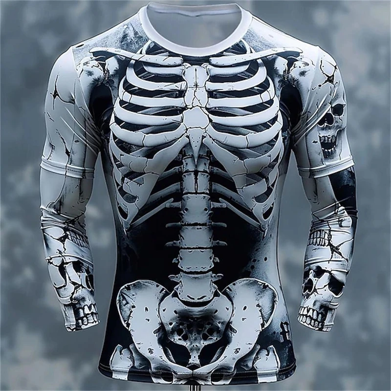 3Dプリントの骸骨柄Tシャツ。メンズ用、長袖、カジュアルファ - Fashion Mens Shirt のレビューと価格