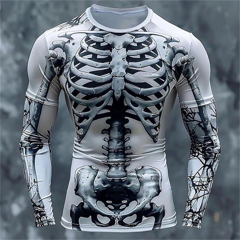 3Dプリントの骸骨柄Tシャツ。メンズ用、長袖、カジュアルファ - Fashion Mens Shirt のレビューと価格