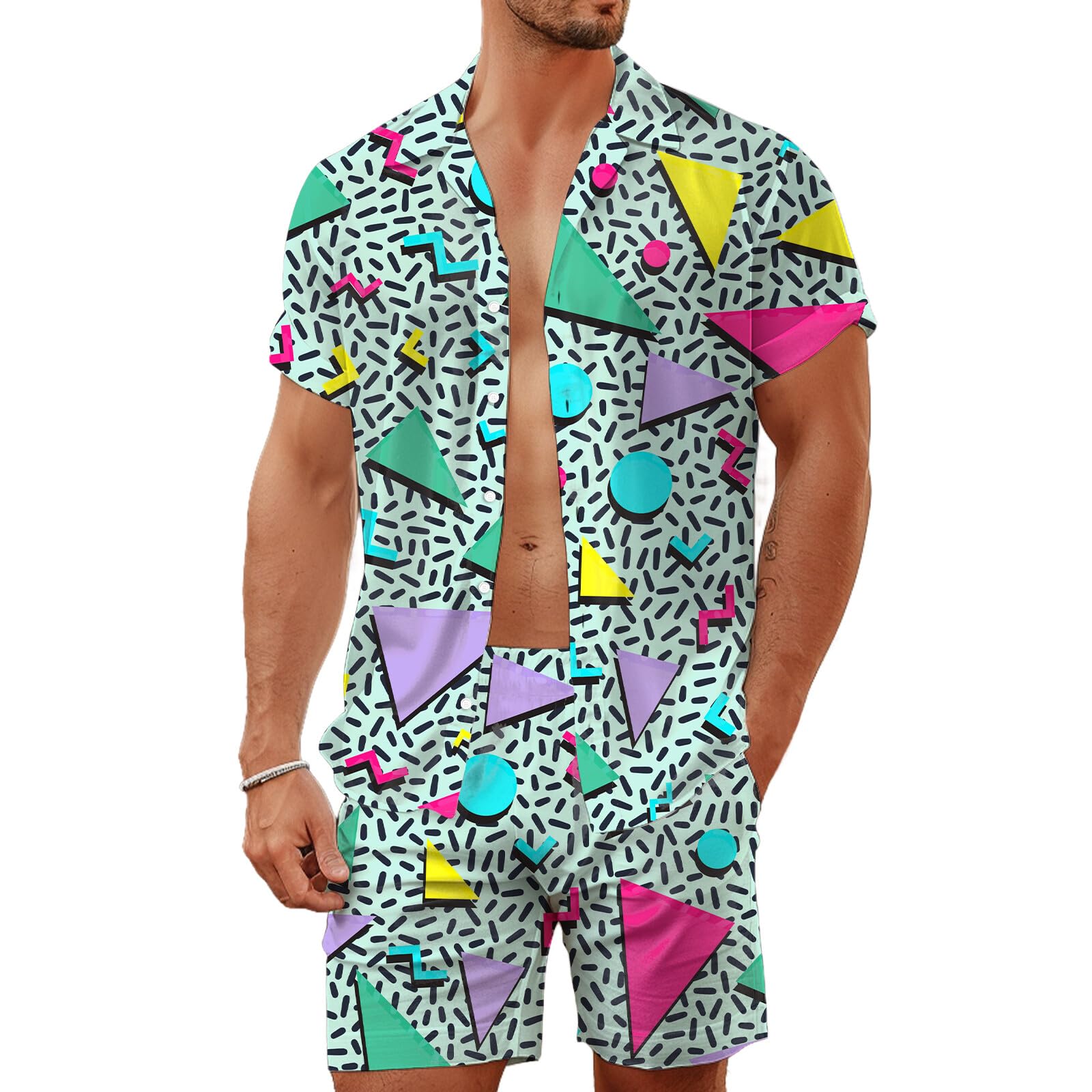 夏用不規則幾何学模様3Dプリントメンズシャツセットファッショ - Men'S Fashion Essentials のレビューと価格