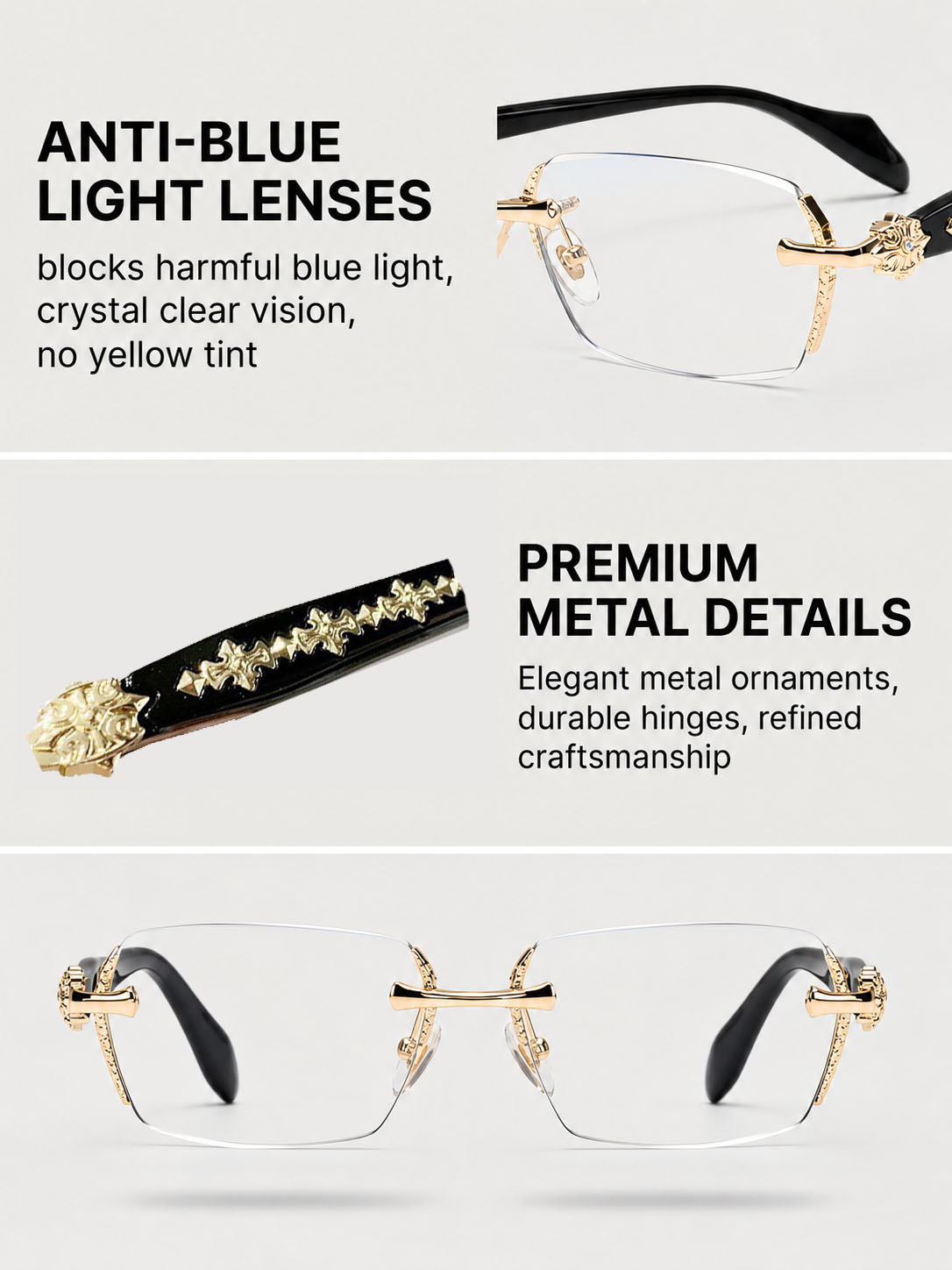 フレームレスのブルーライトカットメガネ。男女兼用。長方形のフ - Men'S Fashion Rimless Glasses のレビューと価格