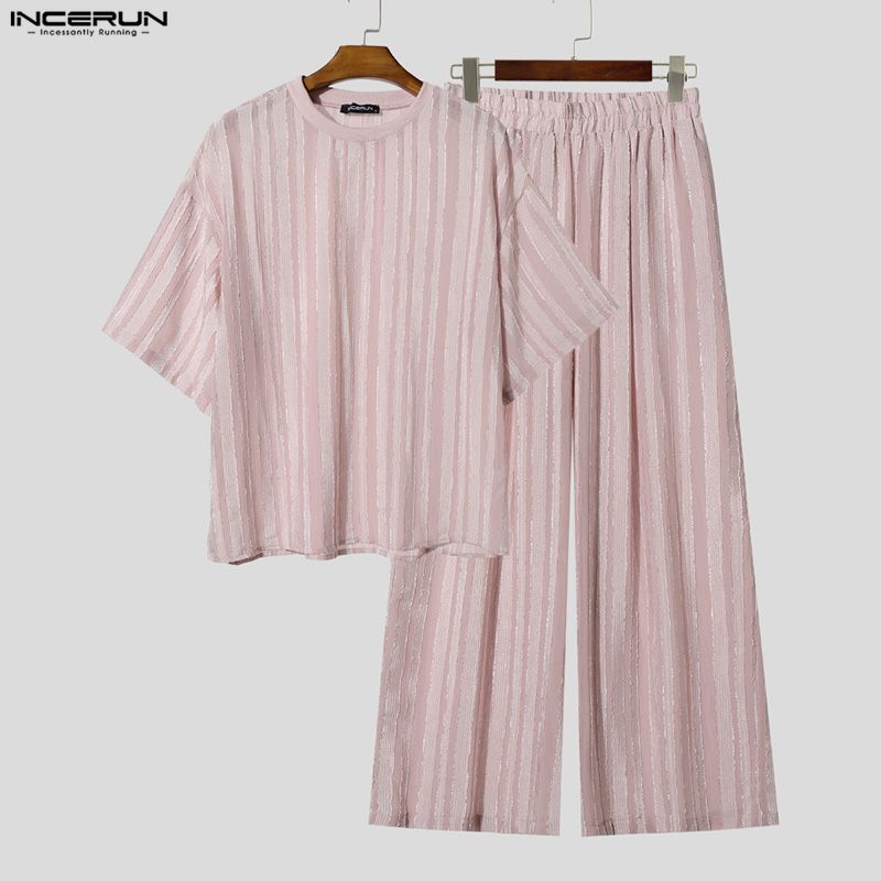 INCERUN メンズセット ストライプ柄 シースルー 半袖 - Men'S Fashion Essentials のレビューと価格