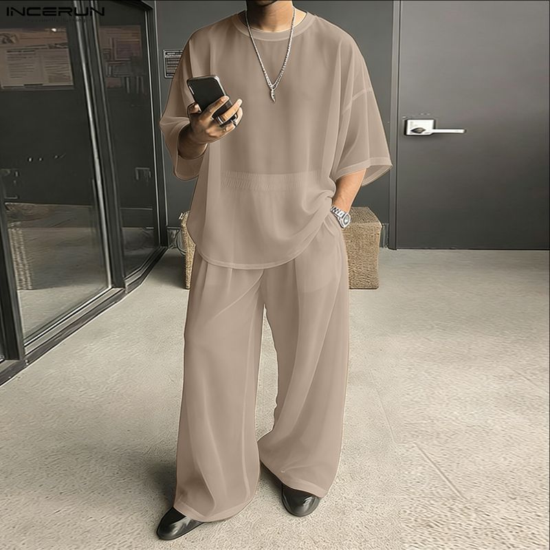 INCERUN メンズセットアップ 無地 Oネック 半袖Tシ - Men'S Fashion Loose Pants のレビューと価格