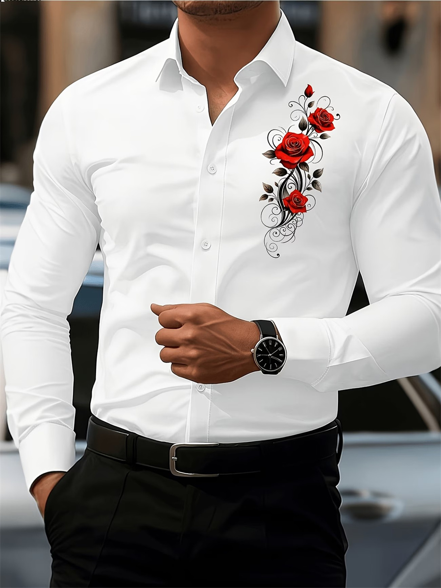 メンズ レッドローズプリント 長袖シャツ、ファッショナブルで - Men'S Fashion Essentials のレビューと価格