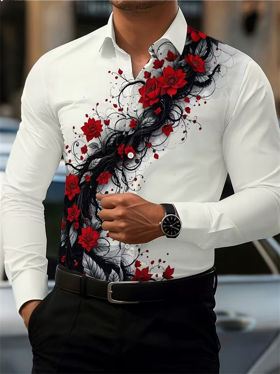 メンズ レッドローズプリント 長袖シャツ、ファッショナブルで - Men'S Fashion Essentials のレビューと価格