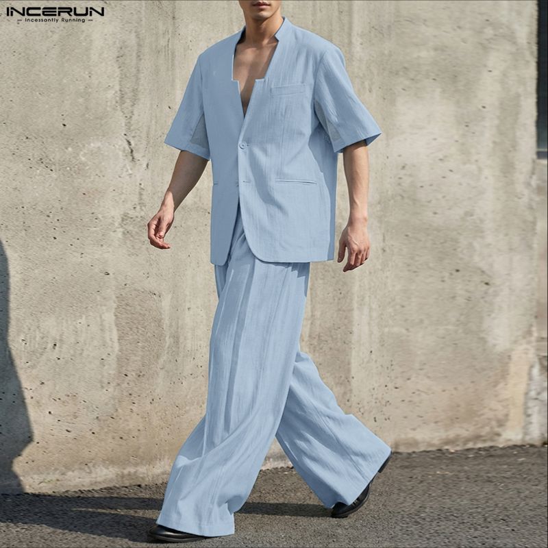 INCERUN メンズセットアップ 無地Vネック半袖ブレザー - Men'S Fashion Loose Pants のレビューと価格
