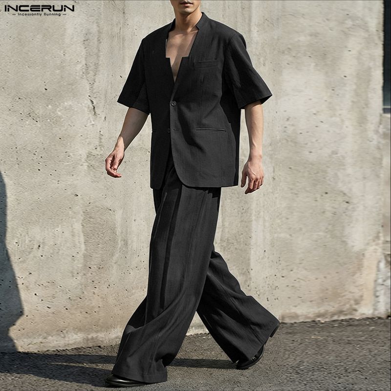 INCERUN メンズセットアップ 無地Vネック半袖ブレザー - Men'S Fashion Loose Pants のレビューと価格