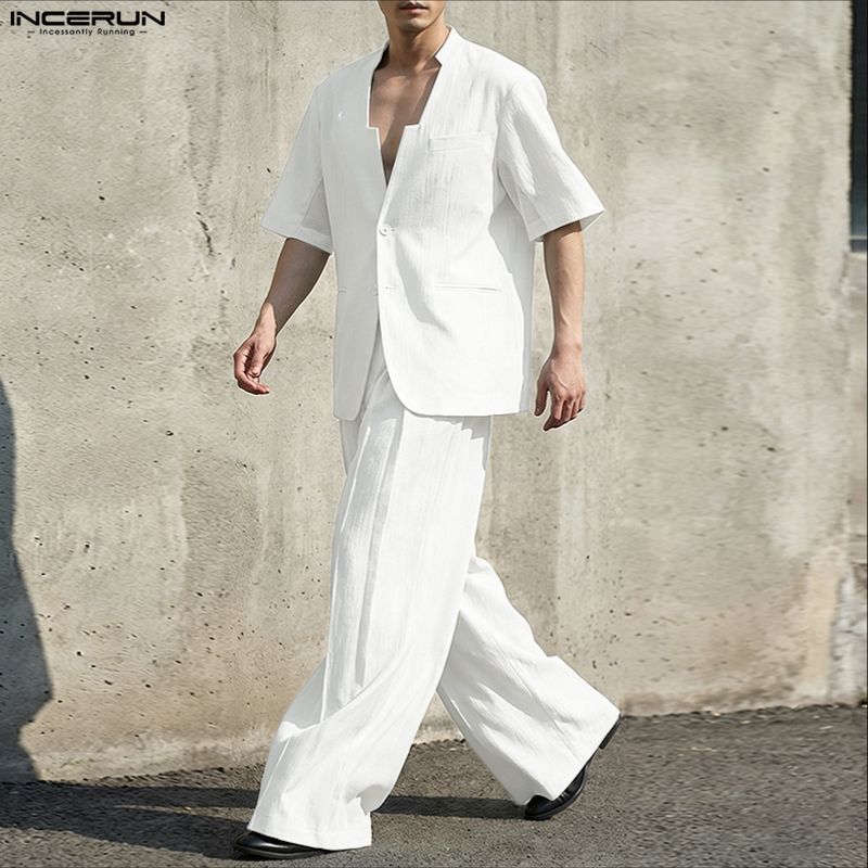 INCERUN メンズセットアップ 無地Vネック半袖ブレザー - Men'S Fashion Loose Pants のレビューと価格