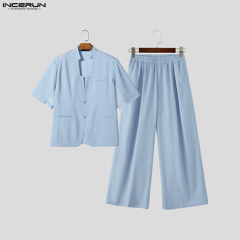 INCERUN メンズセットアップ 無地Vネック半袖ブレザー - Men'S Fashion Loose Pants のレビューと価格
