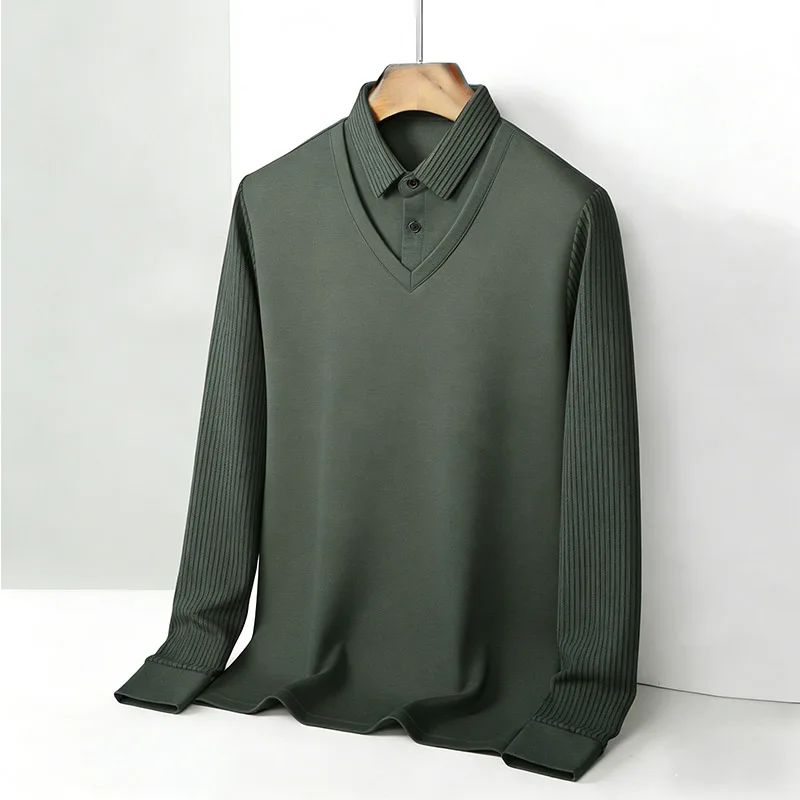 メンズフェイクツーピースシャツ襟 V ネック長袖トップカーキ - Fashion Mens Shirt のレビューと価格